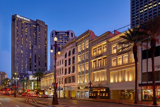 Exterior view of Sheraton hotel at night